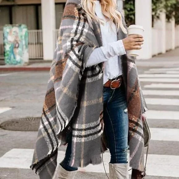Women's Shawl Wraps Fall Clothes Open Front Boho Tessel Cardigan Plaid Knitted S - Picture 2 of 6